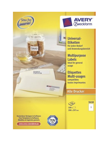 Étiquette Avery ILC 210x297mm blanches 100 flles, 1 et. par flle
