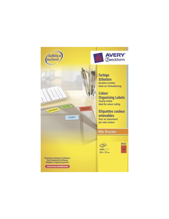 Etiket Avery ILK 105x37mm rood doos 100 vel 16 et. per vel