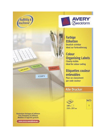 Étiquette Avery ILC 210x297mm jaune 100 flles, 1 et. par flle