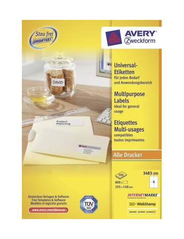 Etiket Avery ILK 105x148mm wit doos 200 vel 4 etiketten per vel
