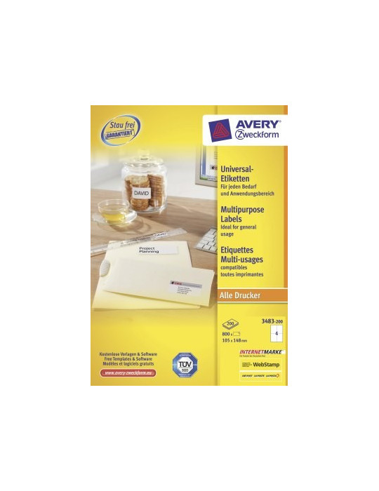 Etiket Avery ILK 105x148mm wit doos 200 vel 4 etiketten per vel