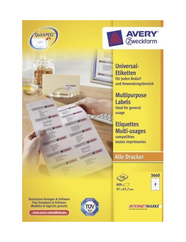 Étiquettes Avery ILC 97x67,7mm blanches 100 flles, 8 et. par flle