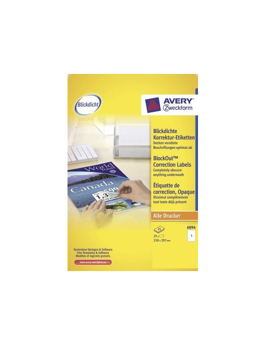 Étiquette de correction Avery 210x297mm blanc boite 25 flles