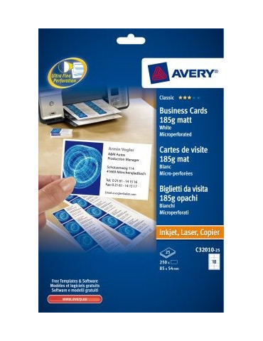 visitekaartjes Avery 85x54mm 185gr wit 25 vel 10 kaarten per vel