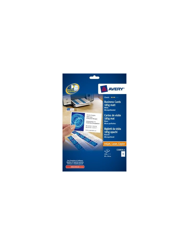 Cartes de visite Avery microperforées mates 85x54mm 185gr 25 flles