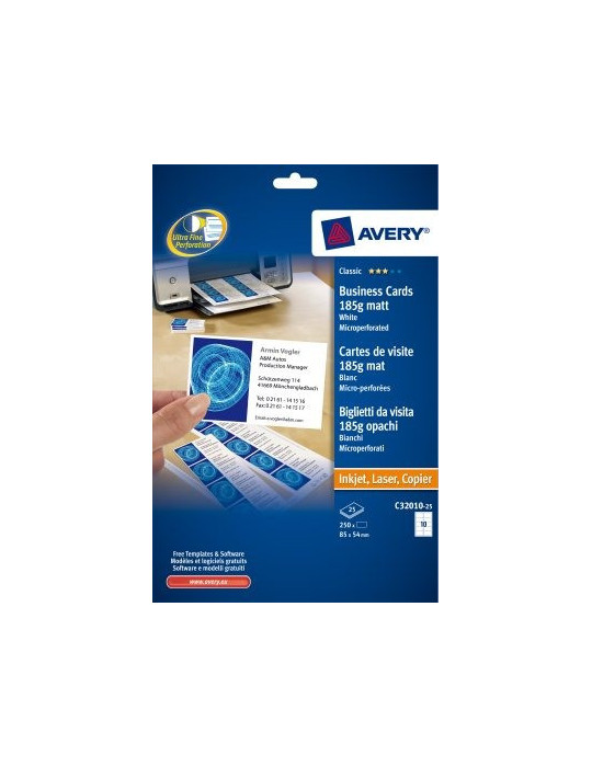 Cartes de visite Avery microperforées mates 85x54mm 185gr 25 flles