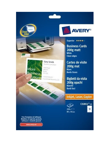 visitekaartjes Avery 85x54mm 200gr wit 25 vel 10 kaarten per vel