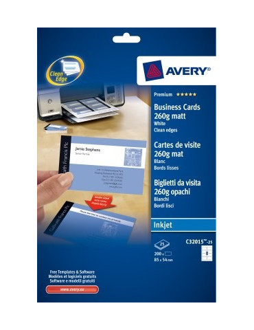 visitekaartjes Avery 85x54mm 260gr wit 25 vel 8 kaarten per vel