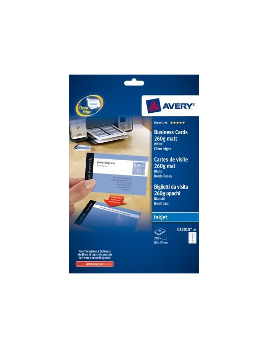 Visitekaartjes Avery 85x54mm 260gr wit mat inkjet doos 25 vel 8 kaarte