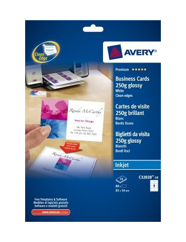 visitekaartjes Avery 85x54mm 250gr wit 10 vel 8 kaarten per vel