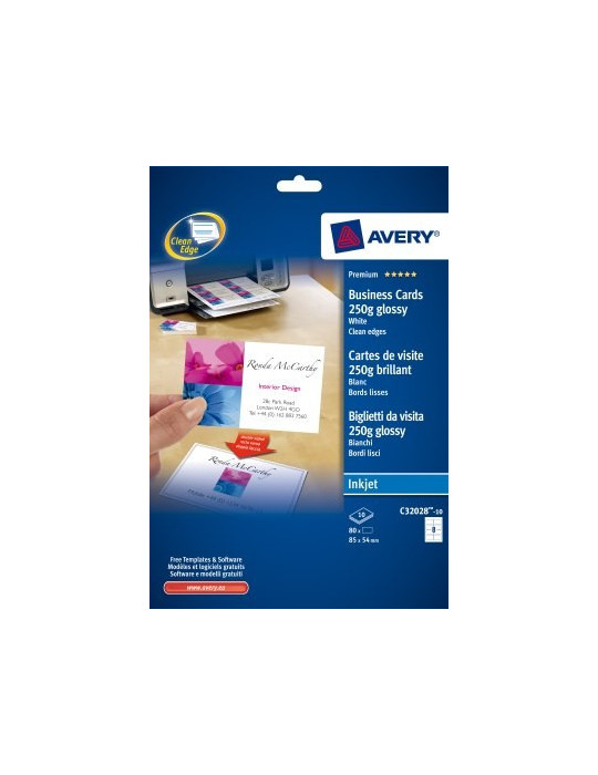 visitekaartjes Avery 85x54mm 250gr wit 10 vel 8 kaarten per vel