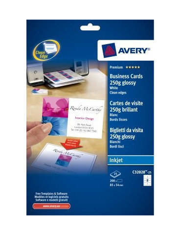 visitekaartjes Avery 85x54mm 250gr wit 25 vel 8 kaarten per vel