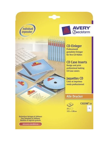 *CD inlegvel Avery 151x118mm wit doos 25 vel, 1 kaart per vel voor las