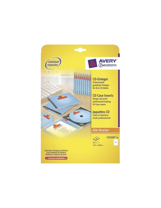 CD inlegvel Avery 151x118mm 25 vel 1 kaart per vel voor laser/inkjet