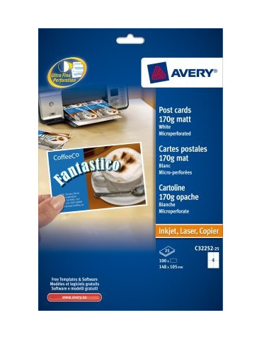 Cartes postales, micro perforées, mat, blanches, 105x148mm 170gr 25 fe