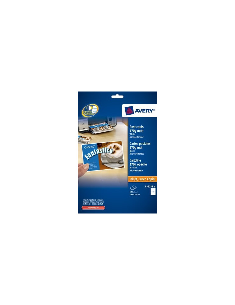 Cartes postales, micro perforées, mat, blanches, 105x148mm 170gr 25 fe