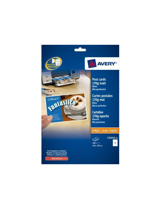 Ansichtkaarten Avery 105x148mm 170gr wit doos 25 vel 4 krt per vel