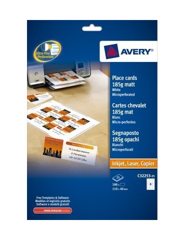 tafelkaarten Avery 110x40mm 185gr wit 25 vel 4 kaarten per vel