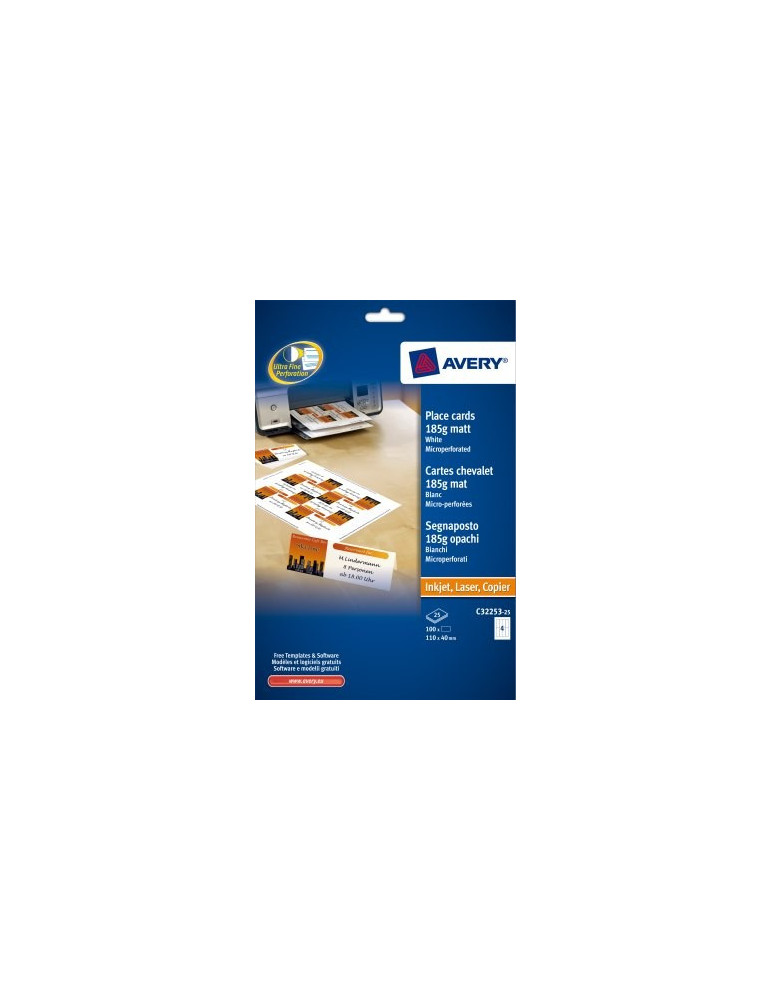 Tafelkaarten Avery 110x40mm 185gr wit doos 25 vel 4 krt per vel