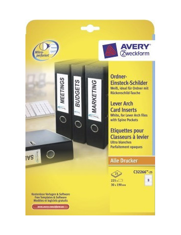 Cartes bristols pour dos de classeur, étroites, 30 x 190 mm