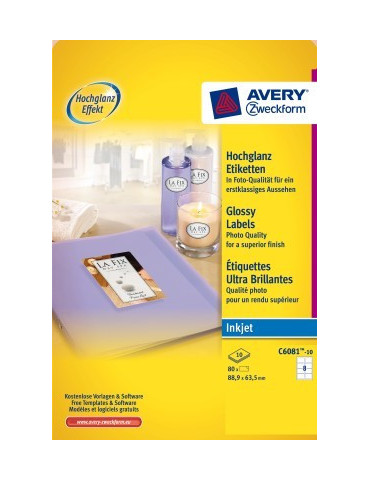 *Inkjetetiket Avery 88,9x63,5 doos 10 vel 8 et. per vel