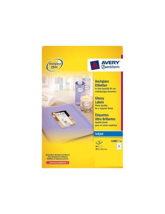 *Inkjetetiket Avery 88,9x63,5 doos 10 vel 8 et. per vel