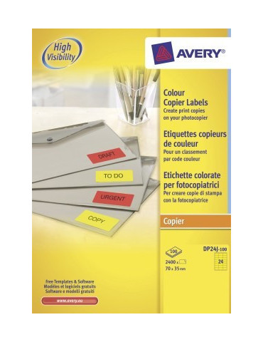 *Kopieeretiket Avery 70x35mm fluorgeel doos 100 vel 24 et. per vel