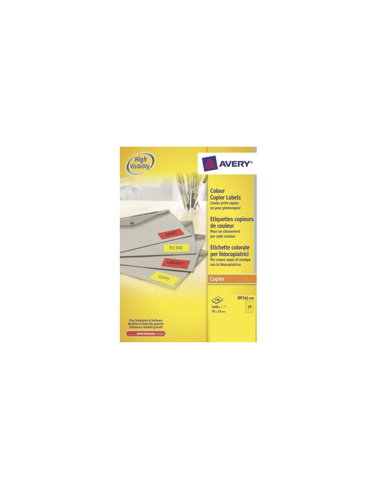 *Kopieeretiket Avery 70x35mm fluorgeel doos 100 vel 24 et. per vel