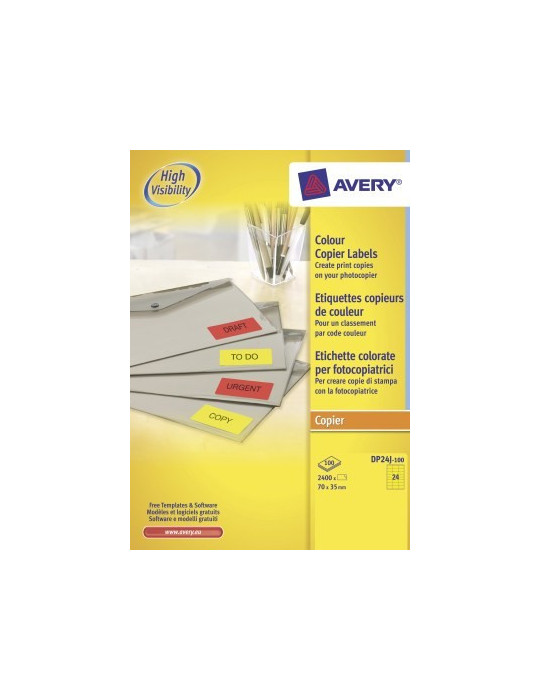 *Kopieeretiket Avery 70x35mm fluorgeel doos 100 vel 24 et. per vel