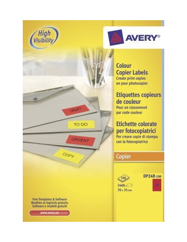 *Kopieeretiket Avery 70x35mm fluorrood doos 100 vel 24 et. per vel