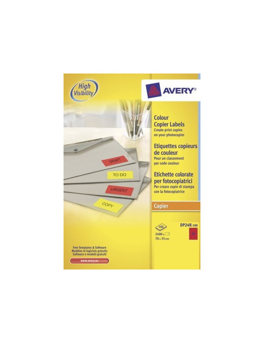 *Kopieeretiket Avery 70x35mm fluorrood doos 100 vel 24 et. per vel