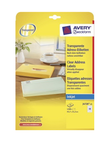 inkjetetiket Avery 45,7x21,2mm transparant 25 vel 48 etiketten per vel