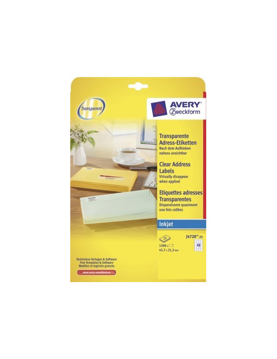 *Inkjetetiket Avery 45,7x21,2 transp. doos 25 vel, 48 et. per vel