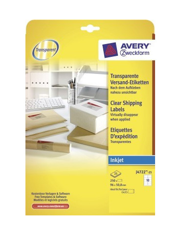 *Inkjetetiket Avery 96x50,8mm transp. doos 25 vel 10 et. per vel