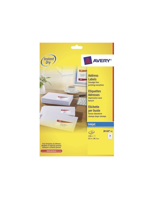 inkjetetiket Avery 63,5x38,1mm wit 10 vel 21 etiketten per vel