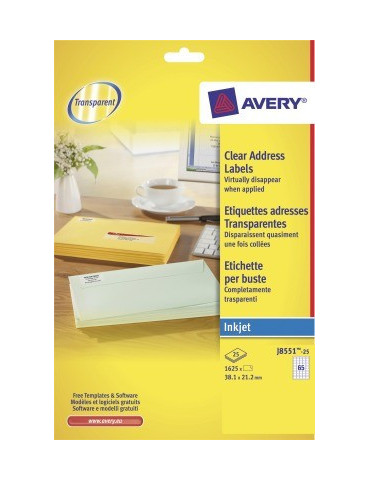 Inkjetetiket Avery 38,1x21,2 transp. doos 25 vel 65 et. per vel