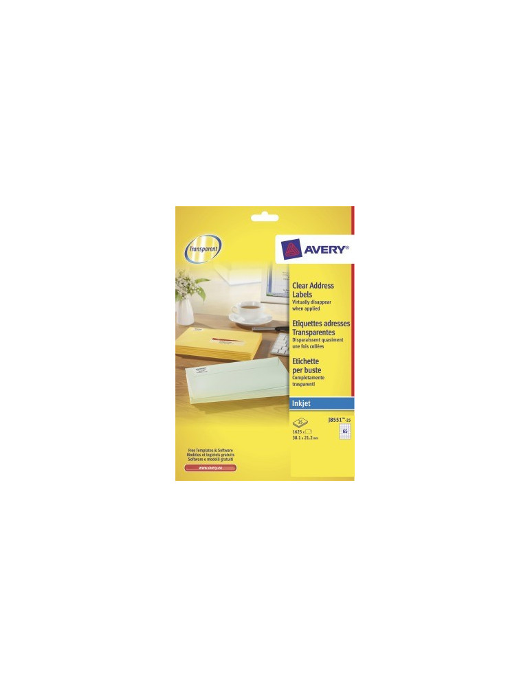 Inkjetetiket Avery 38,1x21,2 transp. doos 25 vel 65 et. per vel