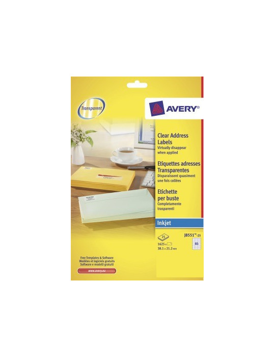 Inkjetetiket Avery 38,1x21,2 transp. doos 25 vel 65 et. per vel