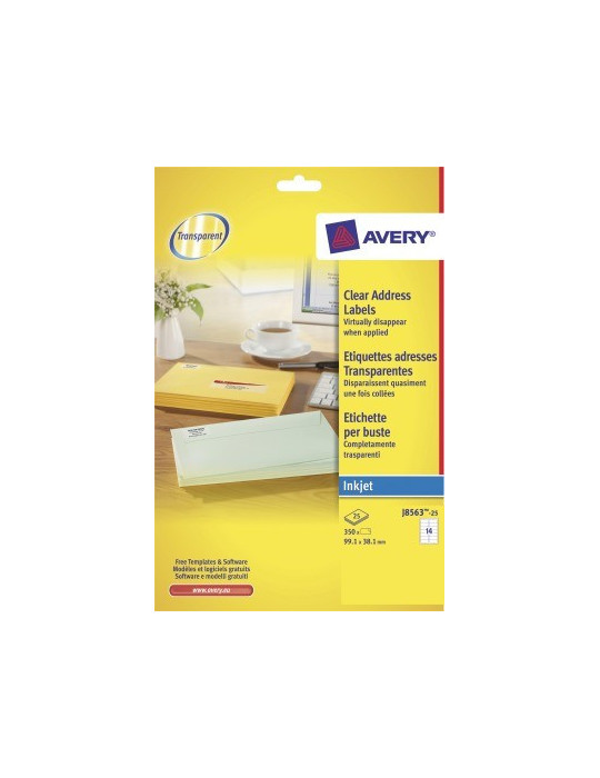 Adresetiket Avery 99,1x38,1mm transp. doos 25 vel 14 et. per vel