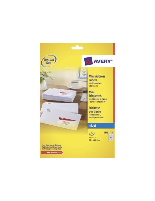 inkjetetiket Avery 38,1x21,2mm wit 10 vel 65 etiketten per vel