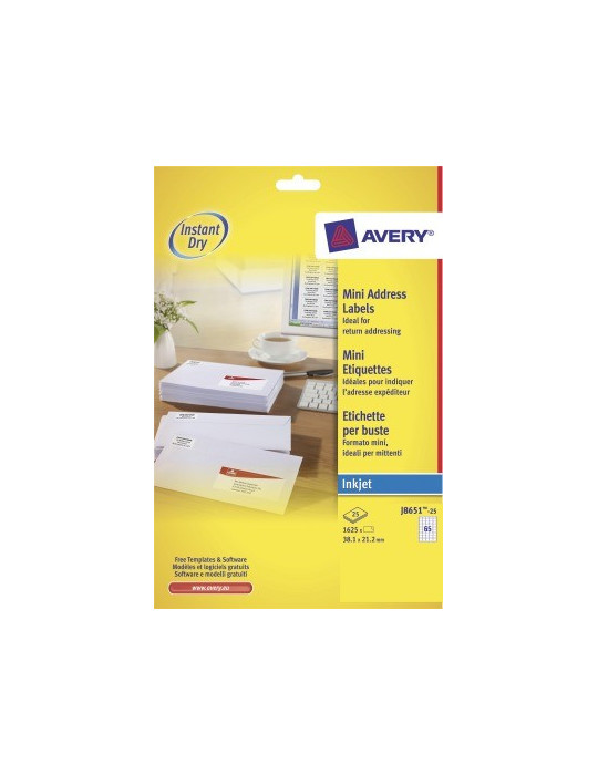 inkjetetiket Avery 38,1x21,2mm wit 25 vel 65 etiketten per vel