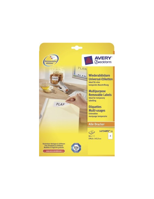 Etiquette ILC Avery 199,6x143,5mm blanche NP 25 feuilles 2 et. par feu
