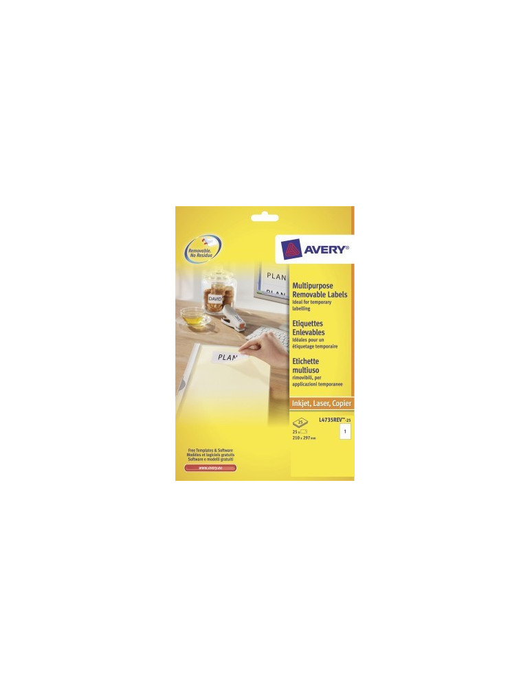 Etiquette ILC Avery 210x297mm blanche NP 25 feuilles 1 et. par feuille