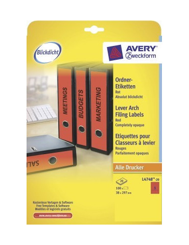 *Ordnerruget. Avery 297x38mm doos 20 vel 5 et. per vel rood