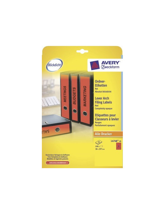 ordnerrugetiket Avery 297x38mm rood 20 vel 5 etiketten per vel