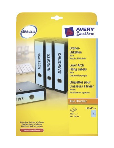 Etiquettes bleues pour dos de classeur étroit 38x297mm