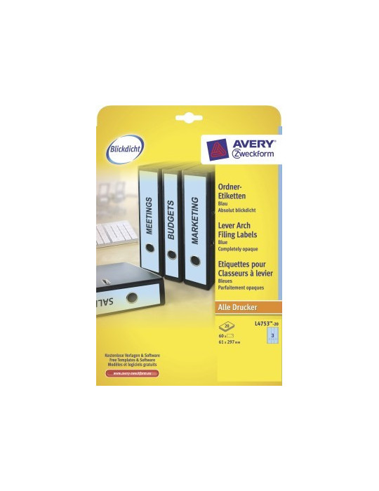 Etiquettes bleues pour dos de classeur large, 61 x 297 mm