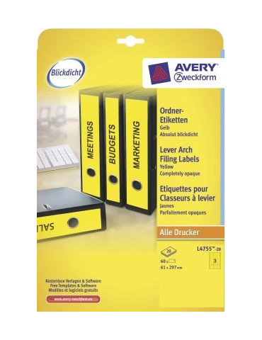 Etiquettes jaunes pour dos de classeur large, 61x297mm