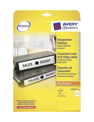 ordnerrugetiket Avery 297x34mm wit 25 vel 5 etiketten per vel