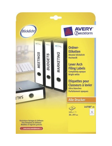 Etiquettes blanches longues pour dos de classeur étroit 38x297mm